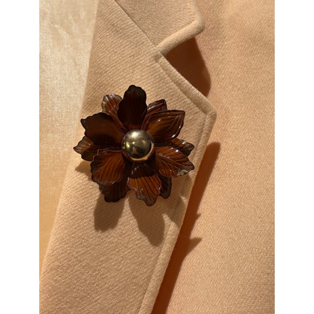 Vintage Brown Enamel Flower Brooch Gold Tone Center Layered Petal Pin 2.5 Inch